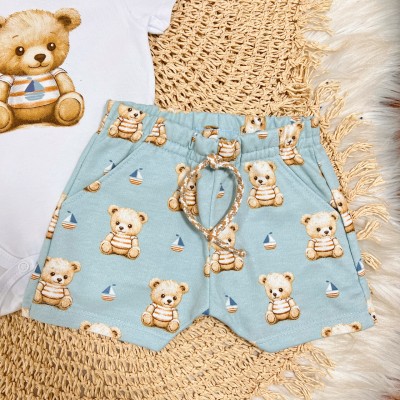 Conj. Body Ursinho e Bermuda Barquinhos - Branco e Azul